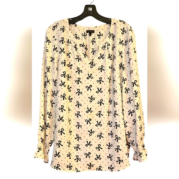 Talbots Smocked-Sleeve Bow Top Women's Size XL Casual Cottage Core Black/Cream - Picture 2 of 14